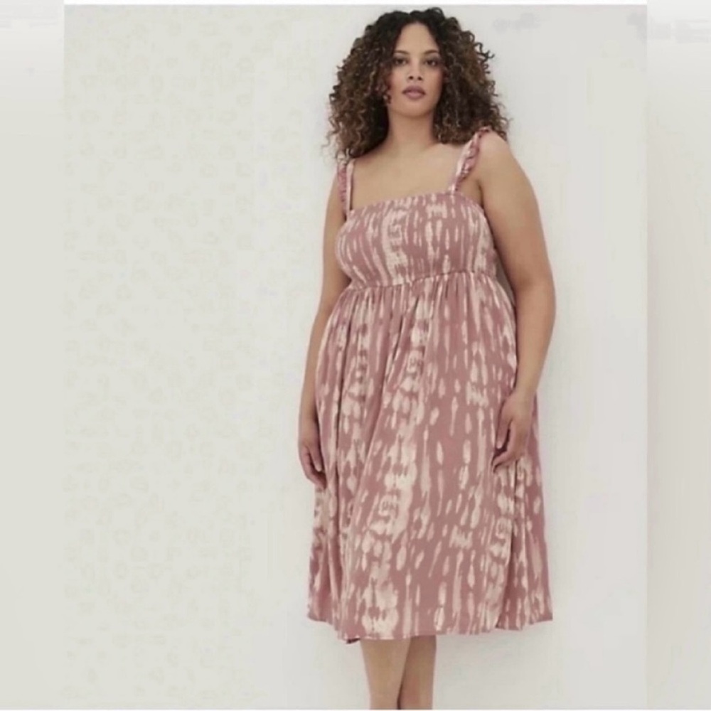 🩷 NWT! TORRID Ruffle Strap Midi Dress Challis Tie-Dye Rose - Size 2X